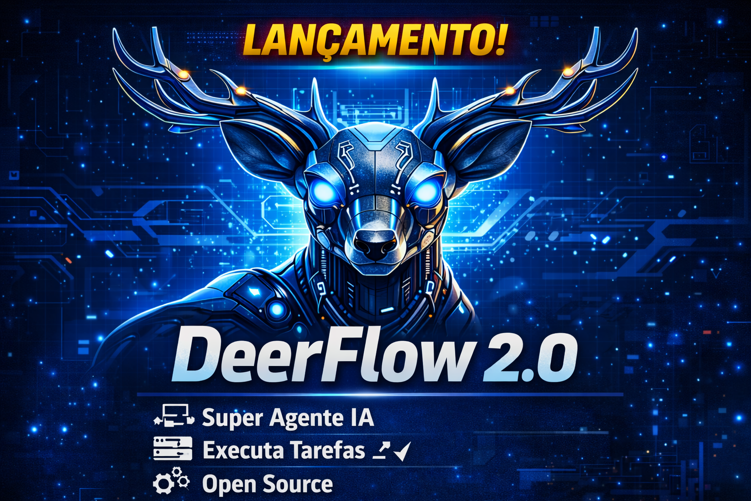 DeerFlow 2.0 — Lançamento · Super Agente IA · Executa Tarefas · Open Source